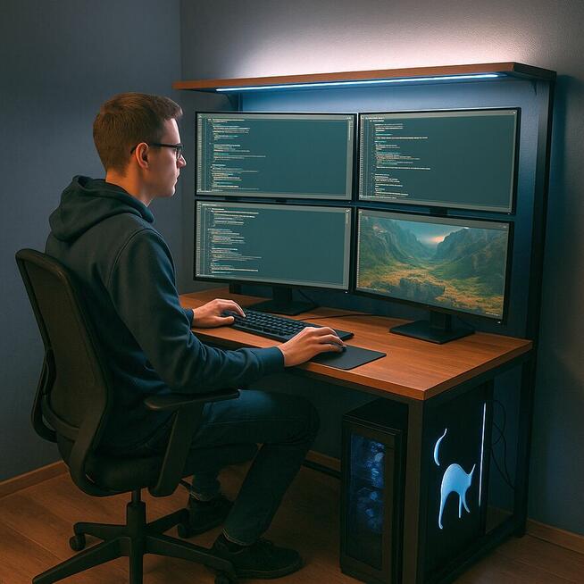 Biurko gamingowe dwa poziomy z blatami wzory boków