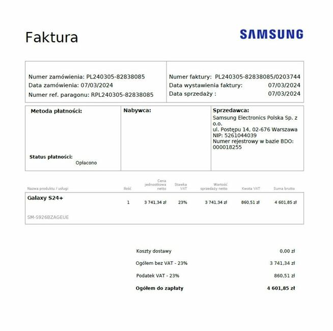 Samsung Galaxy S24 Plus 12GB /512GB kupiony w Samsung Poland