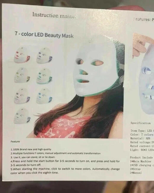 Maska LED do terapii światłem | 7 trybów | Piękna skóra w 15