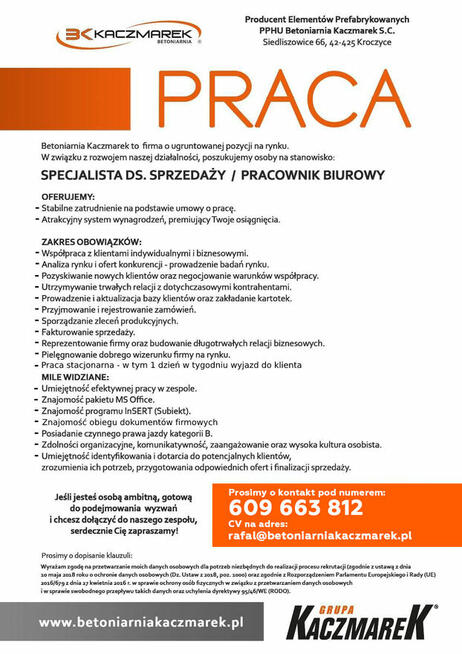 Specjalista ds. sprzedaży / Pracownik biurowy
