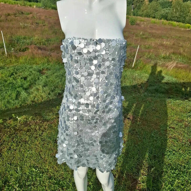 Srebrna cekinowa sukienka Boohoo XL | Bez ramiączek | Nowa,
