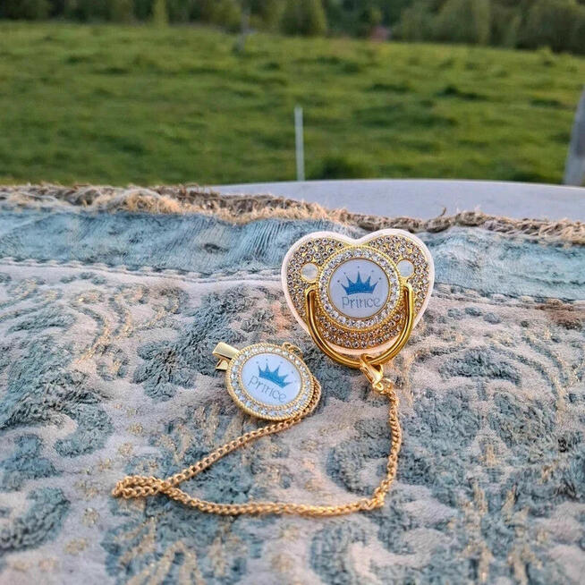 Smoczek z koroną Prince + łańcuszek | Złoto-błękitny | Nowy,
