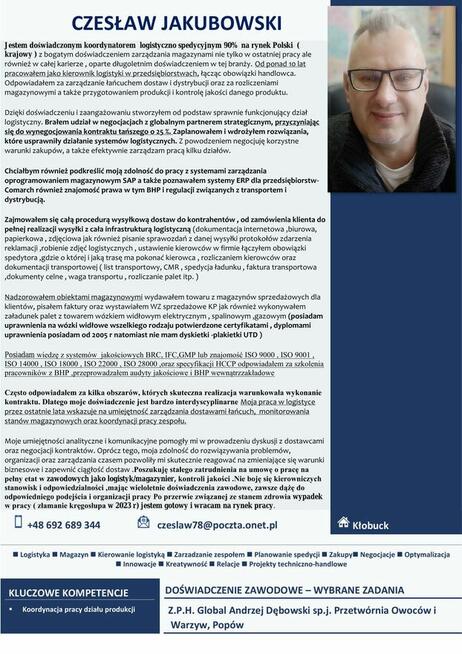 CV-LOGISTYK SPEDYTOR MAGAZYNIER CZĘSTOCHOWA, KŁOBUCK OKOLICE