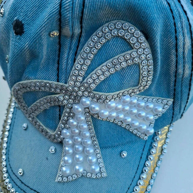 Jeansowa czapka z perełkami HIT lata