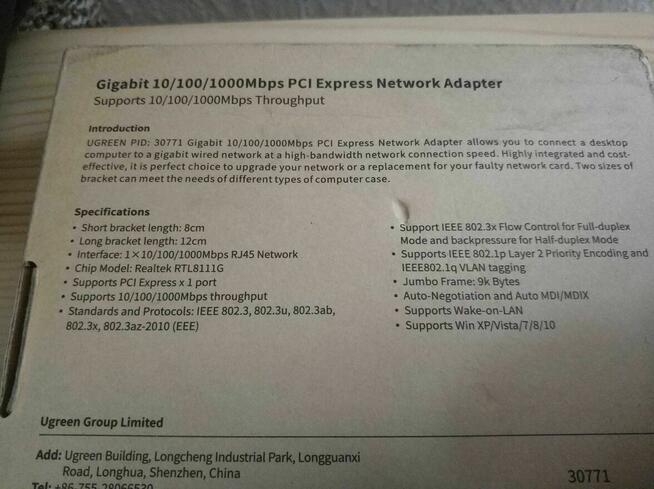 Karta Sieciowa PCI Express Gigabit Ethernet UGREEN RJ45 LAN
