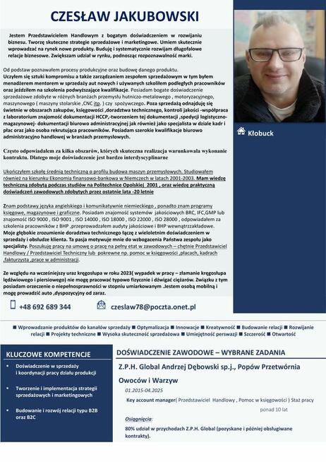 CV-Handlowiec branża motoryzacyjna, przemysłowa, spozywcza