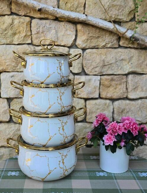 Garnki marmur białe kremowe lawenda 4 szt