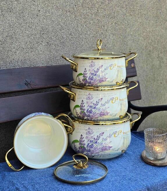 Garnki marmur białe kremowe lawenda 4 szt