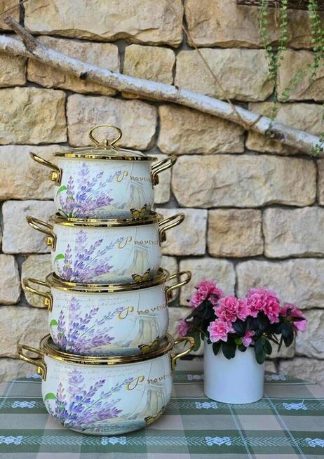 Garnki marmur białe kremowe lawenda 4 szt