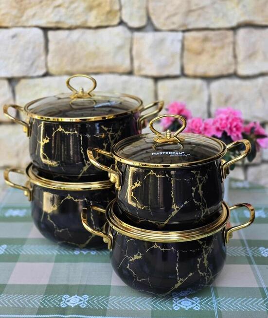 Garnki emalia 4 szt czarny marmur