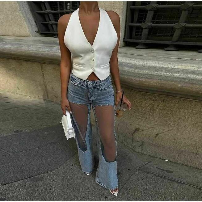 Designerskie jeansowe z przezroczystymi panelami na kolanach