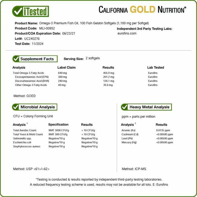 California Gold Nutrition, Tran premium z omega-3,100