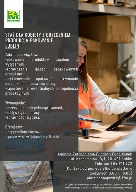 Staż dla kobiety z orzeczeniem - produkcja/pakowanie