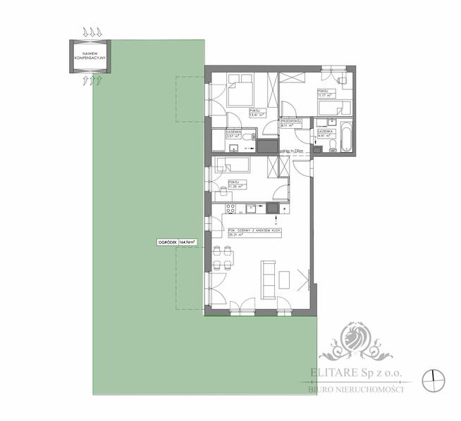 Mieszkanie 4 pokojowe 87,33m2 z ogrodem 164m2/Iwiny Jagodno