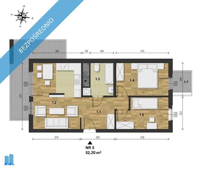 Nowoczesne 3 pokoje | 52,2 m² | 2 balkony 15 m² | Widok na zieleń | Bezpośrednio