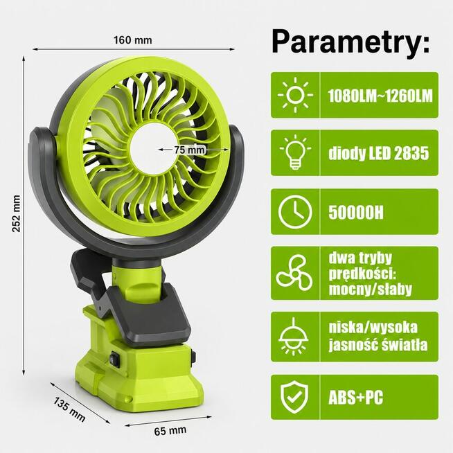 Wentylator z lampą LED do akumulatorów Ryobi 18V