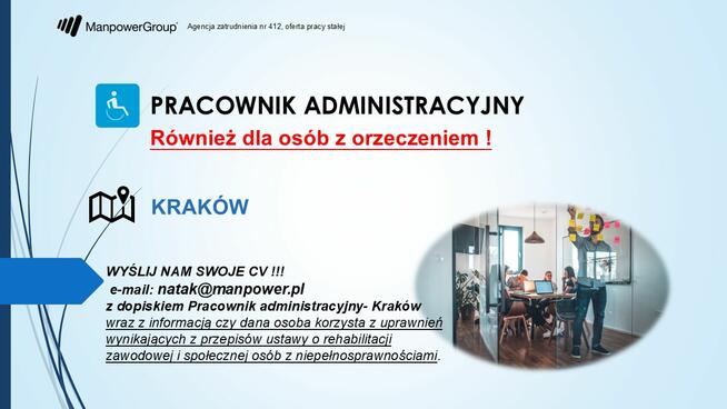 Pracownik administracyjny K/M (też z orzeczeniem) Kraków
