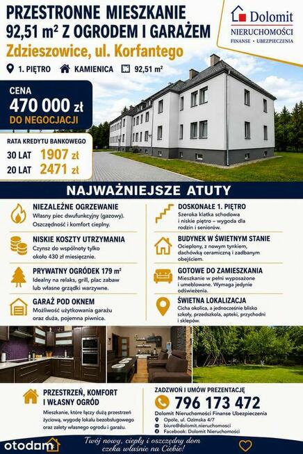 1 piętro | 4 pokoje | 92,51 m² | Ogród 179 m² | Garaż.