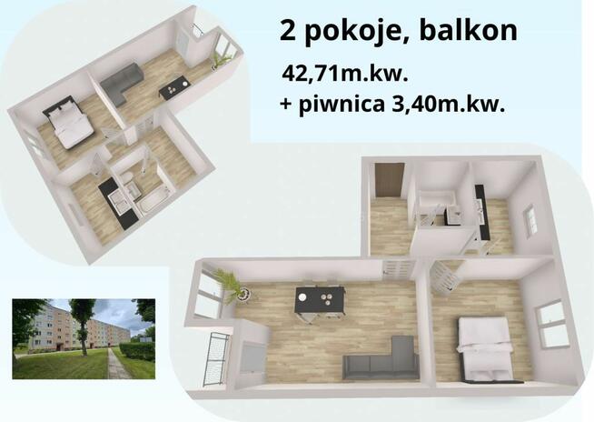 2 pokoje blisko centrum Bażyńskiego 42,71 m²