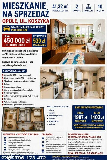2 pokoje | 41,32 m² | Balkon | 10. piętro | Opole, ul. Koszyka