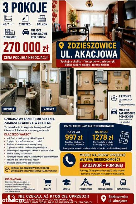 3 pokoje | 48,7 m² | 2 piętro | Balkon | 2 piwnice.