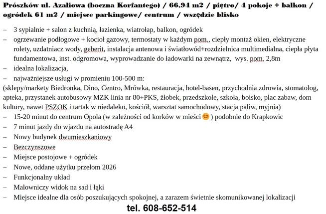 Nowe mieszkanie 66,94 m2+ogródek Prószków Azaliowa