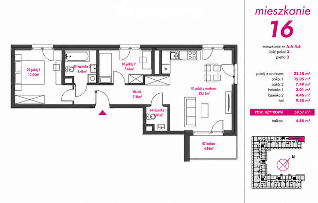58 m² | 3 pokoje z balkonem | Kamionek