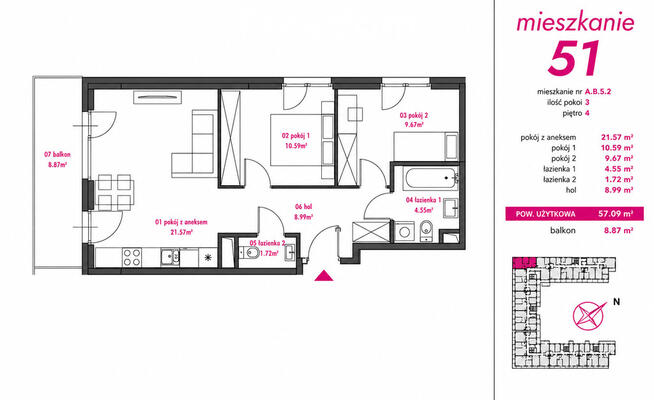 57 m² | 3 pokoje z balkonem | Kamionek