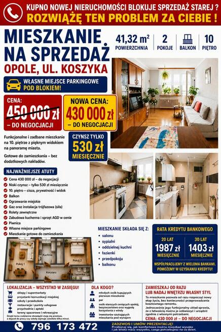 2 pokoje | 41,32 m² | Balkon | 10. piętro | Opole, ul. Koszyka