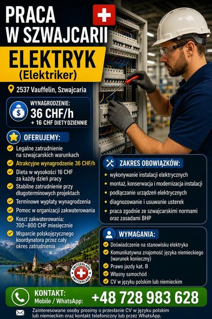 PRACA W SZWAJCARII – ELEKTRYK (Elektriker) /36CHF/h+16CHF