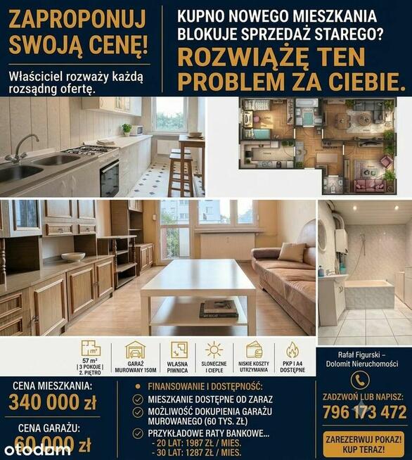 3 pokoje, 2 piętro, Os. Piastów – 57 m², balkon, piwnica