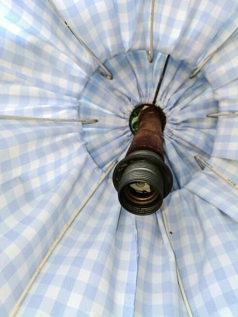 Lampa wisząca PRL retro z materiałowym kloszem niebieska kra