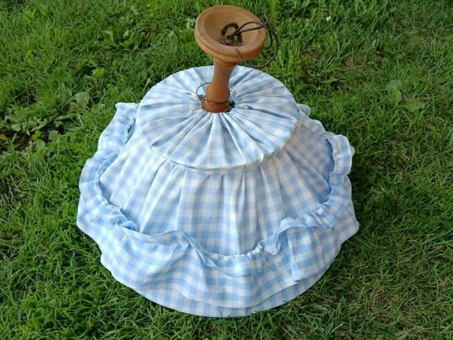 Lampa wisząca PRL retro z materiałowym kloszem niebieska kra
