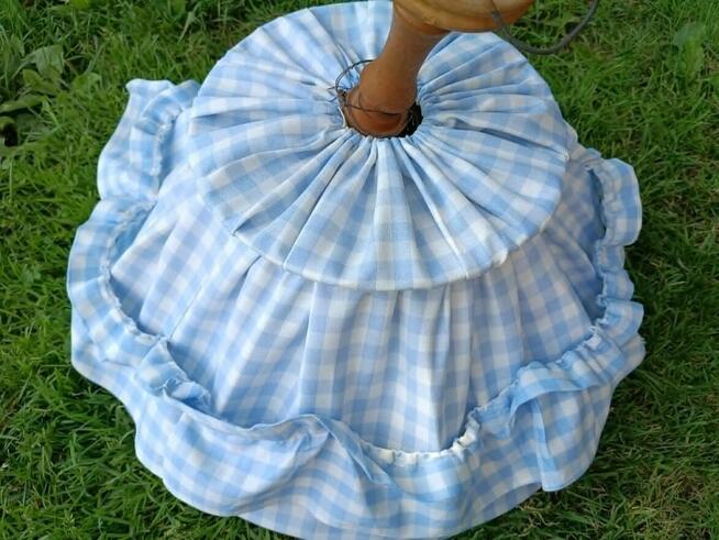 Lampa wisząca PRL retro z materiałowym kloszem niebieska kra