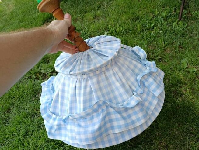 Lampa wisząca PRL retro z materiałowym kloszem niebieska kra