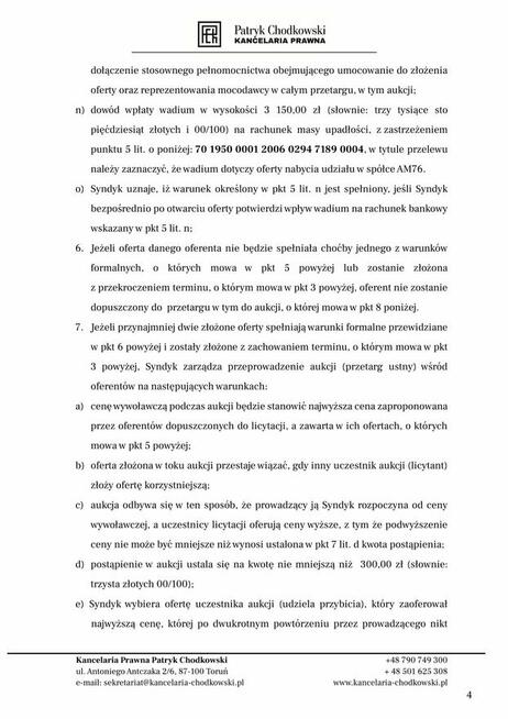 Syndyk sprzeda udziały w spółce AM76