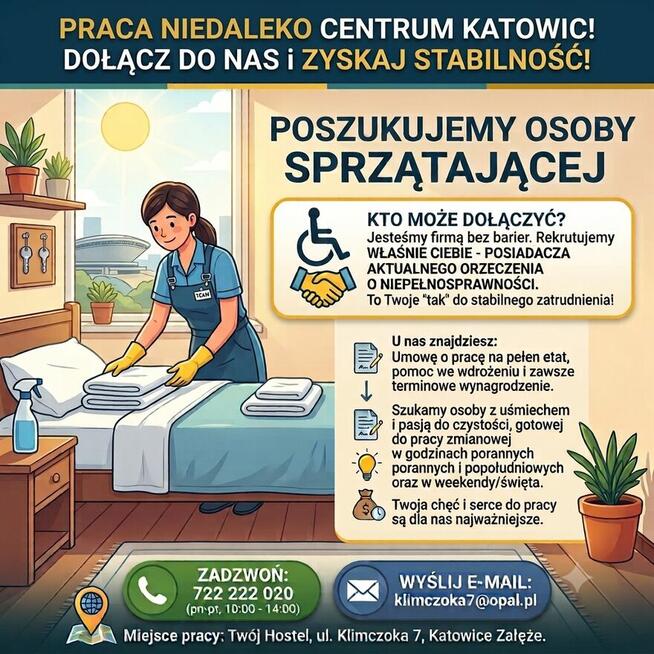 Zatrudnimy osobę do sprzątania Hostelu (z orzeczeniem)