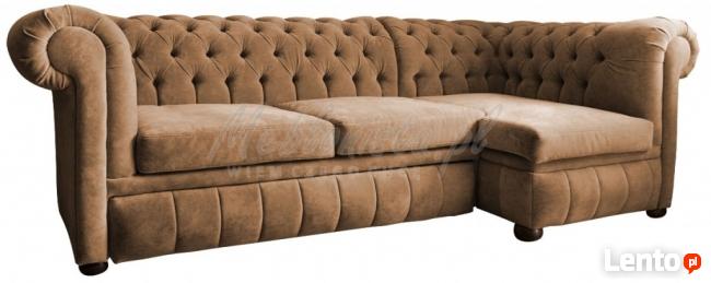Pikowana sofa narożna chesterfield funkcja spania pojemnik