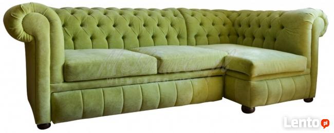 Pikowana sofa narożna chesterfield funkcja spania pojemnik