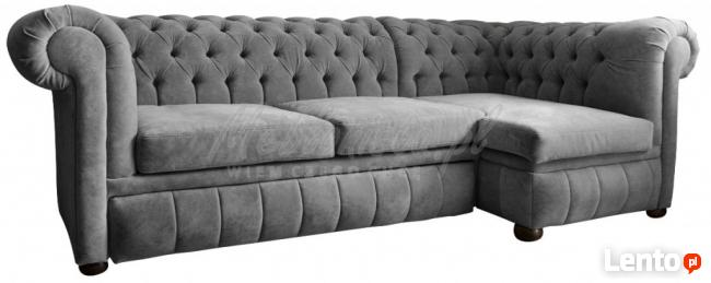 Pikowana sofa narożna chesterfield funkcja spania pojemnik