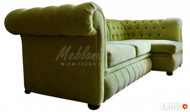 Pikowana sofa narożna chesterfield funkcja spania pojemnik