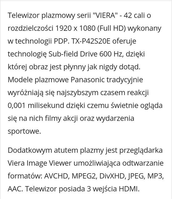 TV Plazmowy Panasonic VIERA Model TX-P42S20ES. Srebrny.