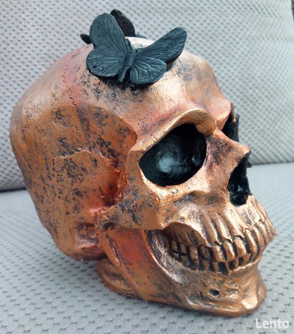 Miedziana metaliczna czaszka z czarnymi motylami
