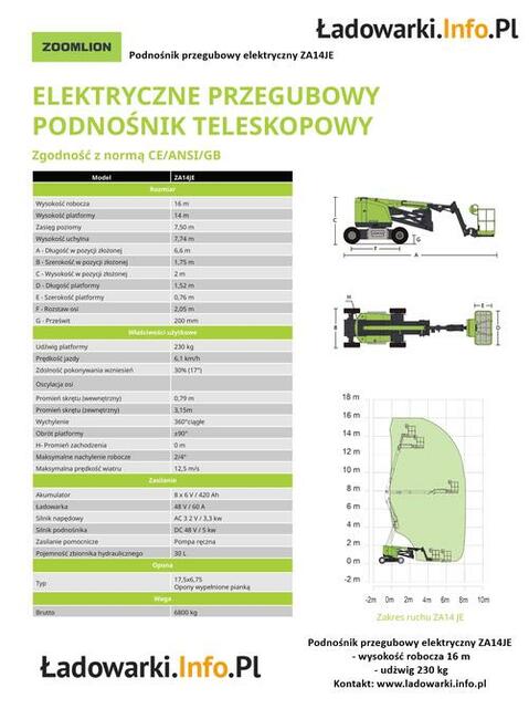 PODNOŚNIK PRZEGUBOWY ELEKTRYCZNY ZOOMLION ZA14JE - 16m / 230