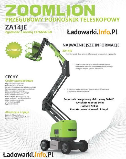 PODNOŚNIK PRZEGUBOWY ELEKTRYCZNY ZOOMLION ZA14JE - 16m / 230