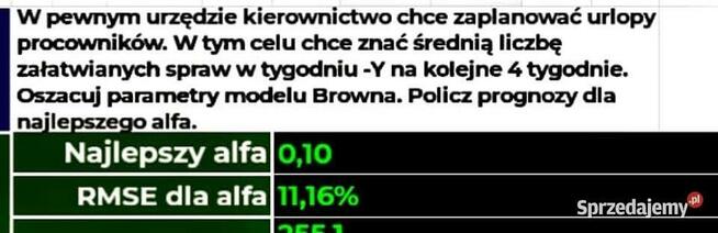 Model Browna, prognozy dla alfa - Rozwiązanie Excel.