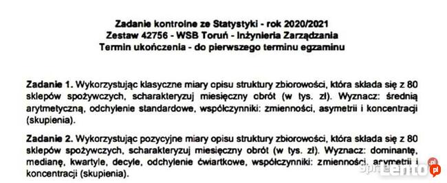 Zadanie kontrolne ze Statystyki - rok 2020/2021 - Excel