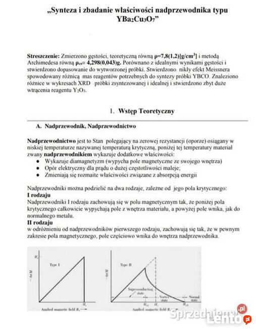 Synteza i zbadanie właściwości nadprzewodnika typu YBa2Cu3O7