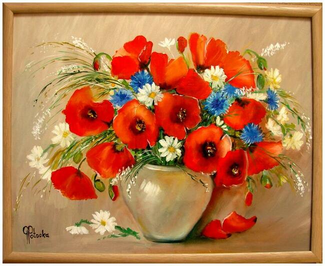 Maki chabry i rumianki obraz olejny 50-40cm w ramie
