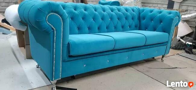 piękna sofa glamour kryształki rozkładana nogi chrom szara